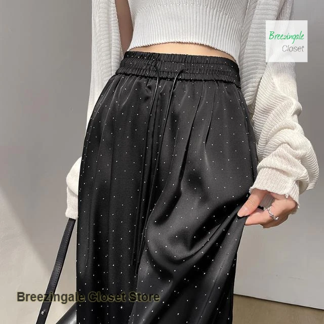 

Korean-style advanced acetic acid satin pants spring and summer new elastic high waist drape straight loose casual mop pants.