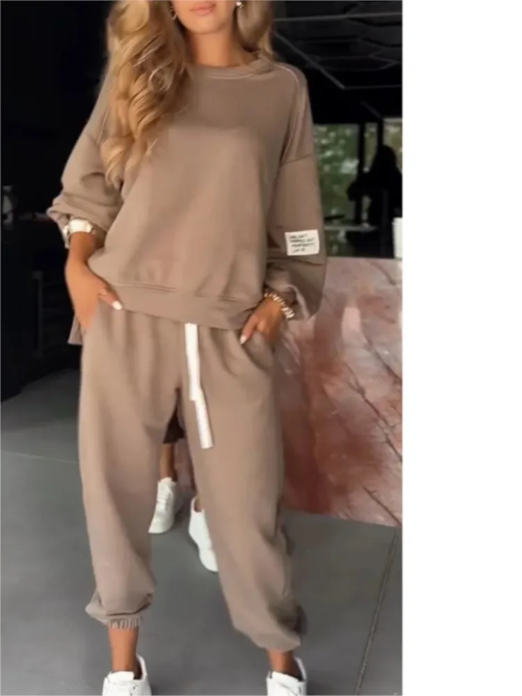 

Модный спортивный комплект для женщин, повседневная толстовка с круглым вырезом, топы + длинные брюки с высокой талией, комплекты из 2 предметов, женская праздничная однотонная уличная одежда