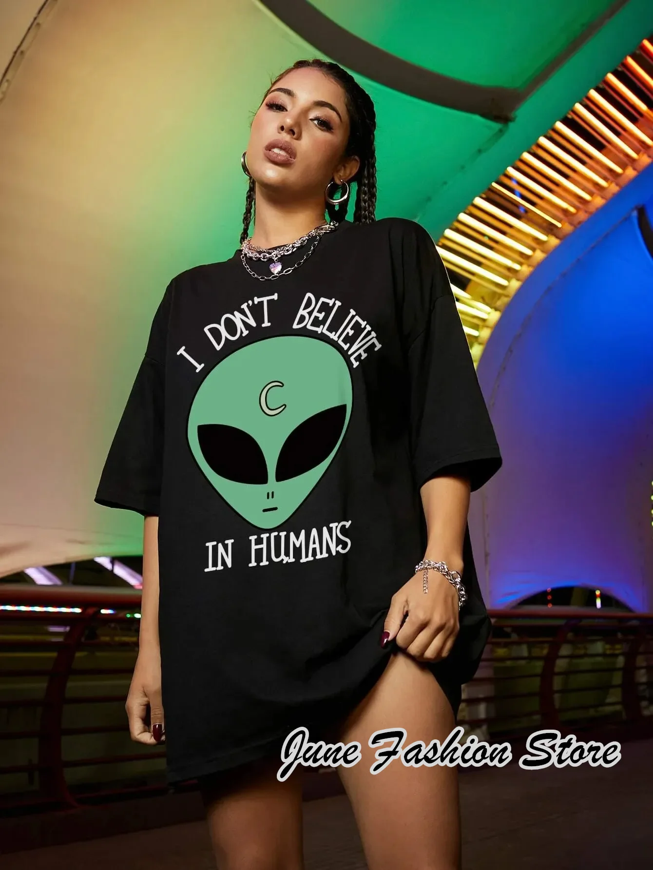 Summer Women Cotton Men T-Shirt Cartoon Alien Printing T-shirt Solid Color Tops Tees Harajuku Y2K Clothing Streetwear