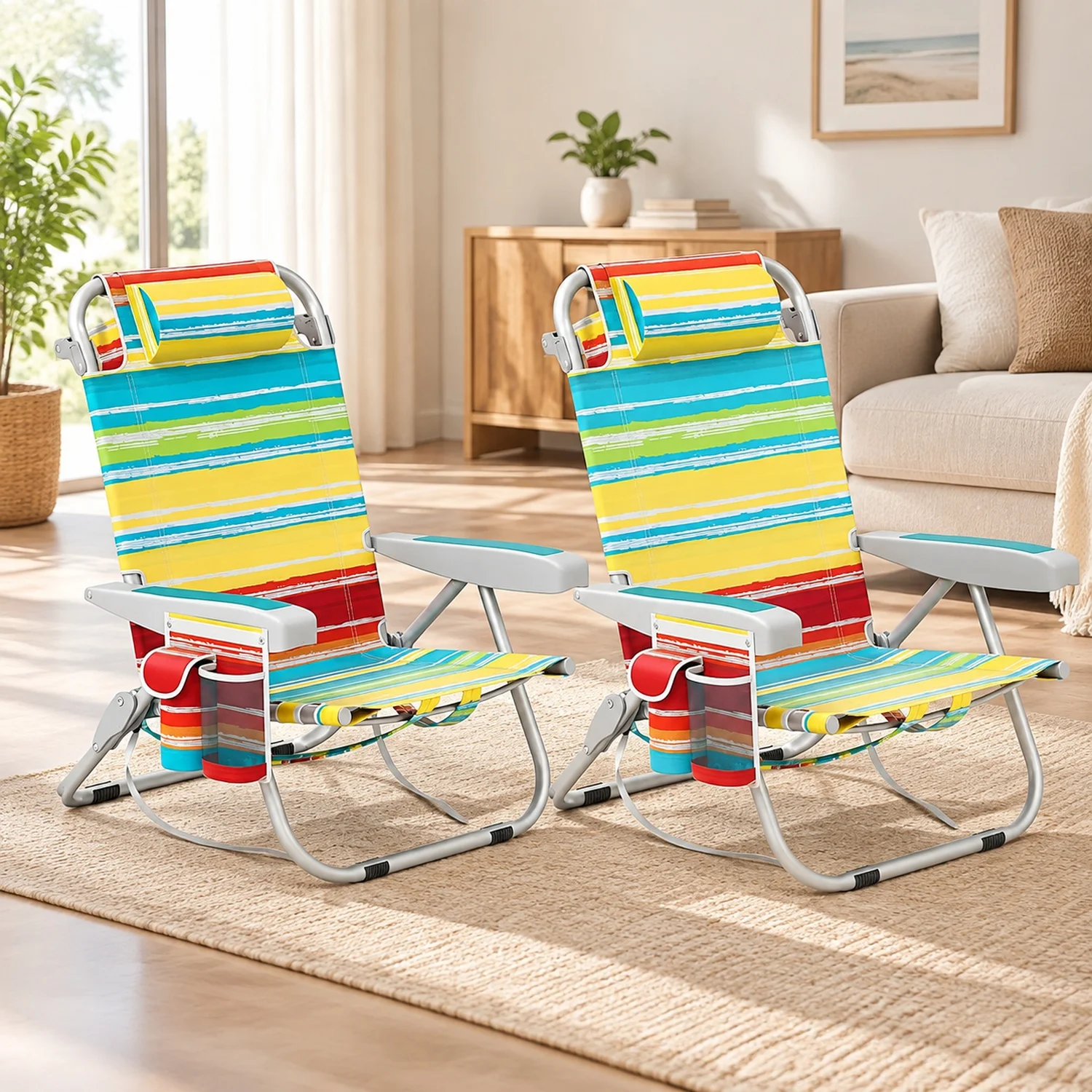 Beach Chair, 2 Pack 330lbs Folding Backpack for Adults with 5 Positions, Storage Pockets, Towel Bar & Headrest, Foldable Low