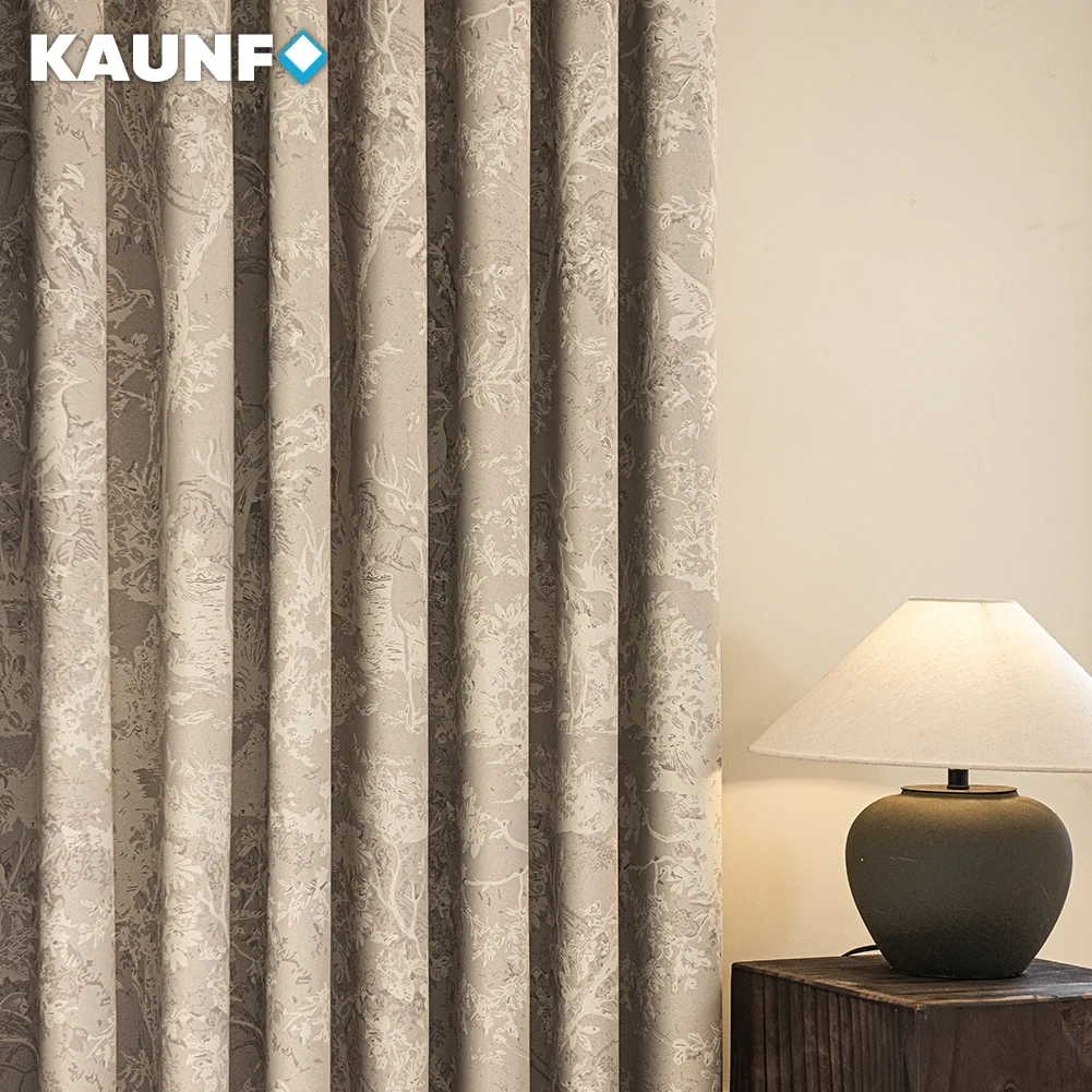 Thermal Insulated Noise Reducing Blackout Curtains Beige Vintage Forest Bird Print Window Drapes for Living Room Bedroom
