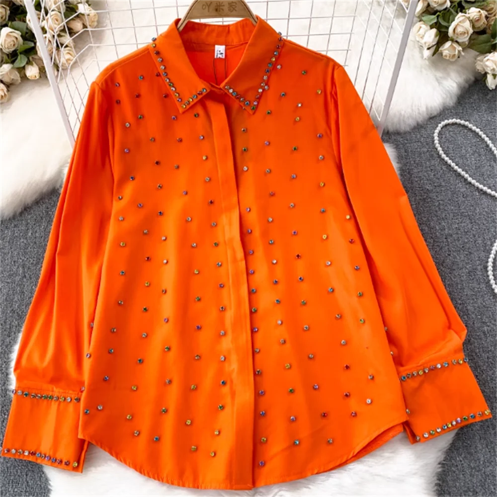 

Diamond shirt Women long-sleeved single-breasted shirt loose blouse