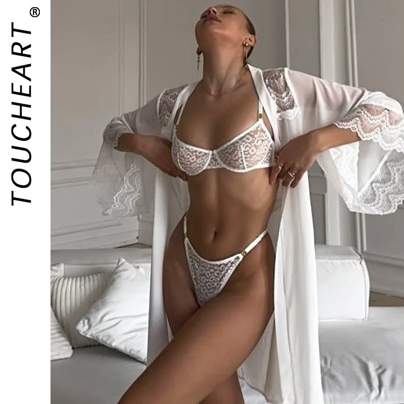 

Toucheart 2PCS Lace Hollow Out Sexy Underwear Panty Set Slim Plunge See-through Solid Color Women Interesting Sexy Bralette Set