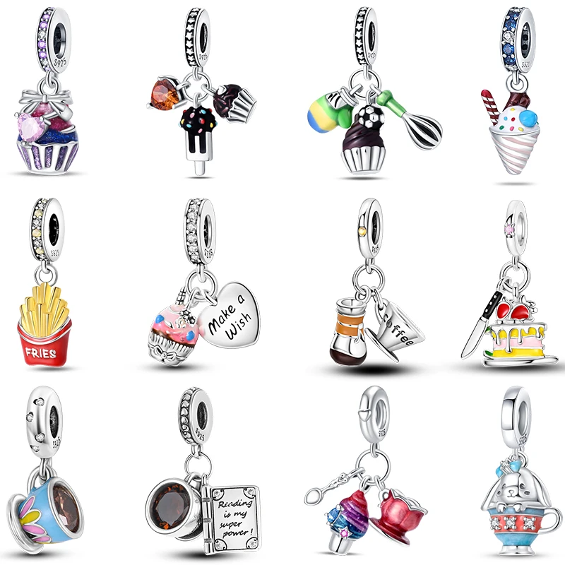 Charms Fit Pandora S925 Silver French Fries Sweetener Cake Coffee Dessert Afternoon Tea Series Beads Original DIY Jewelry Gifts