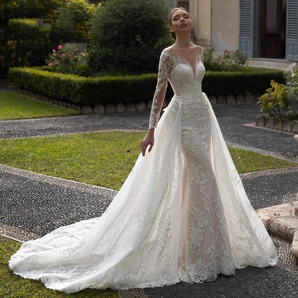 FW Elegantes Elfenbein Neuankömmling Abnehmbares A-Linien-Rock-Hochzeitskleid Illusion Back Scoop Mermaid Applikationen Brautkleid Maßgeschneidert