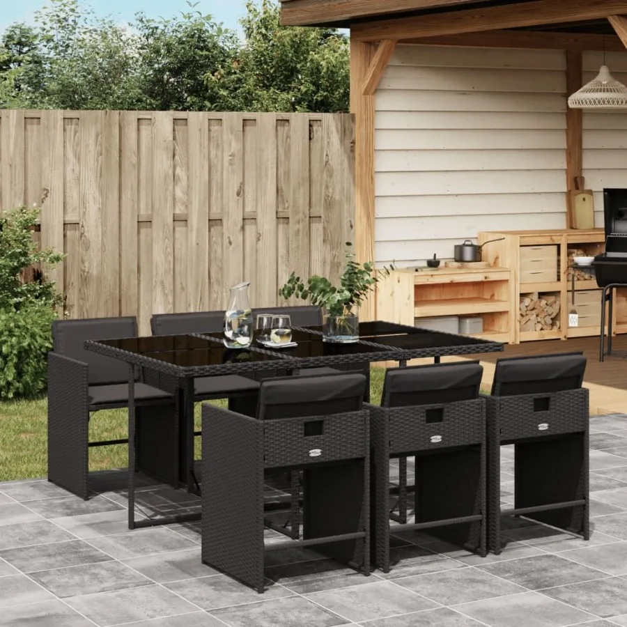 

Garden Dining Set Black PE Rattan 6seater Foldable