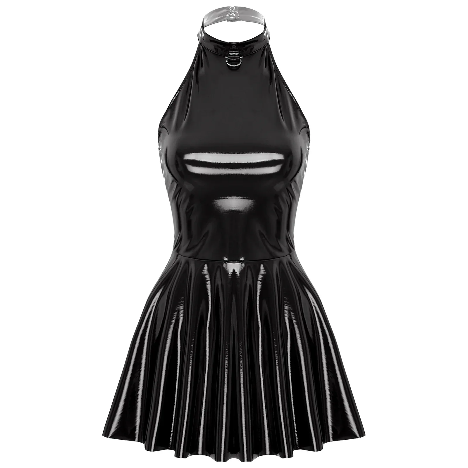 Womens Glossy Patent Leather Dress Sexy Party Clubwear Halter Sleeveless Skater Mini Dress Swing Skirt Disco Jazz Dancewear image 3