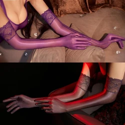 Women Sexy Lace Up Long Gloves Oil Shiny Thin Transparent Seamless Mittens Hot Pole Dance Clubwear Erotic Party Accessories