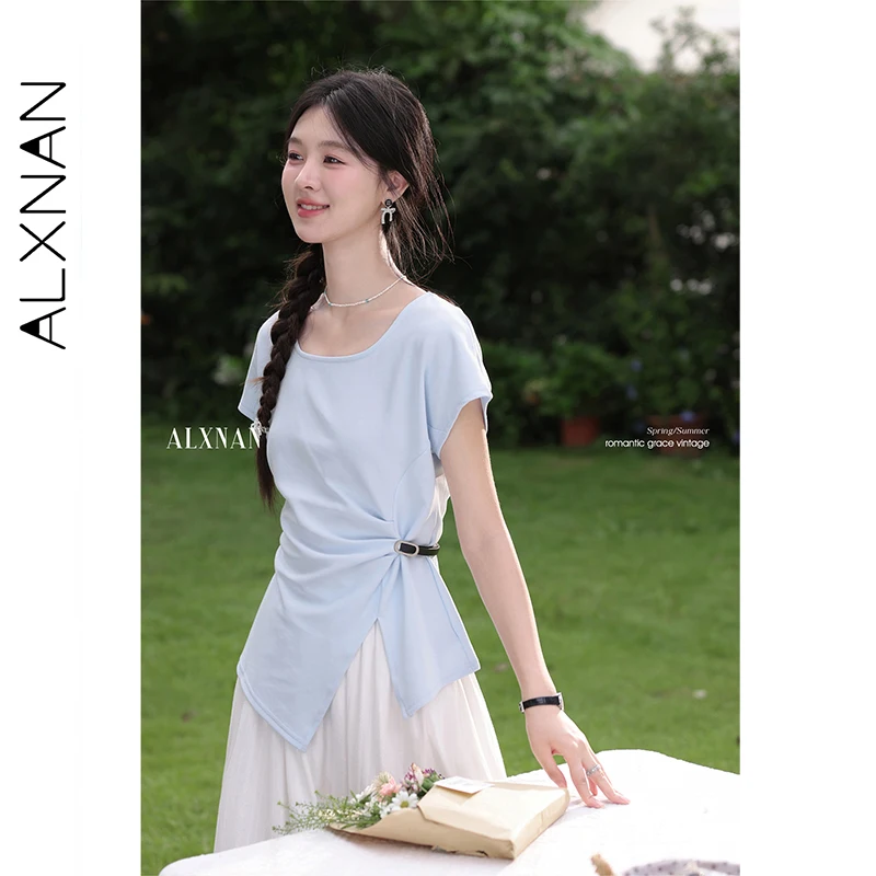 ALXNAN Blauw T-shirt voor Vrouwen Elegante U-hals Onregelmatige Geplooide Katoenen T-shirt 2025, Zomer Casual Korte Mouw Tops Vrouwelijke L56601