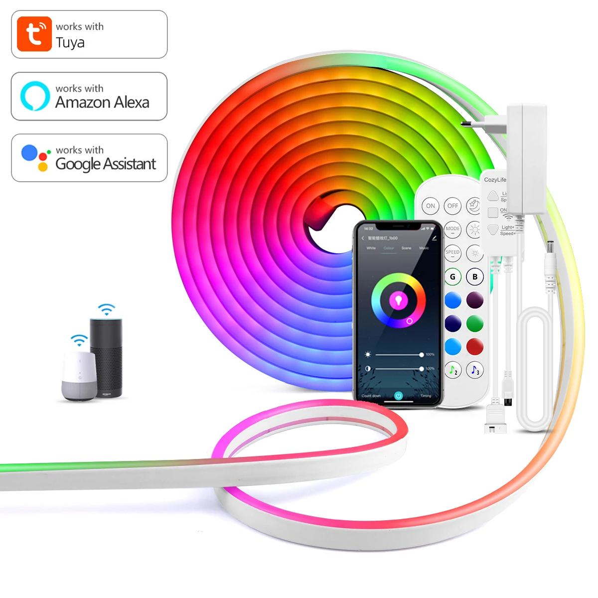 

12V RGB LED Neon Strip Lights Waterproof SMD3535 Smart WiFi App Control Flexible Silicone Gel Tape Ambient Lamp for Alexa Google
