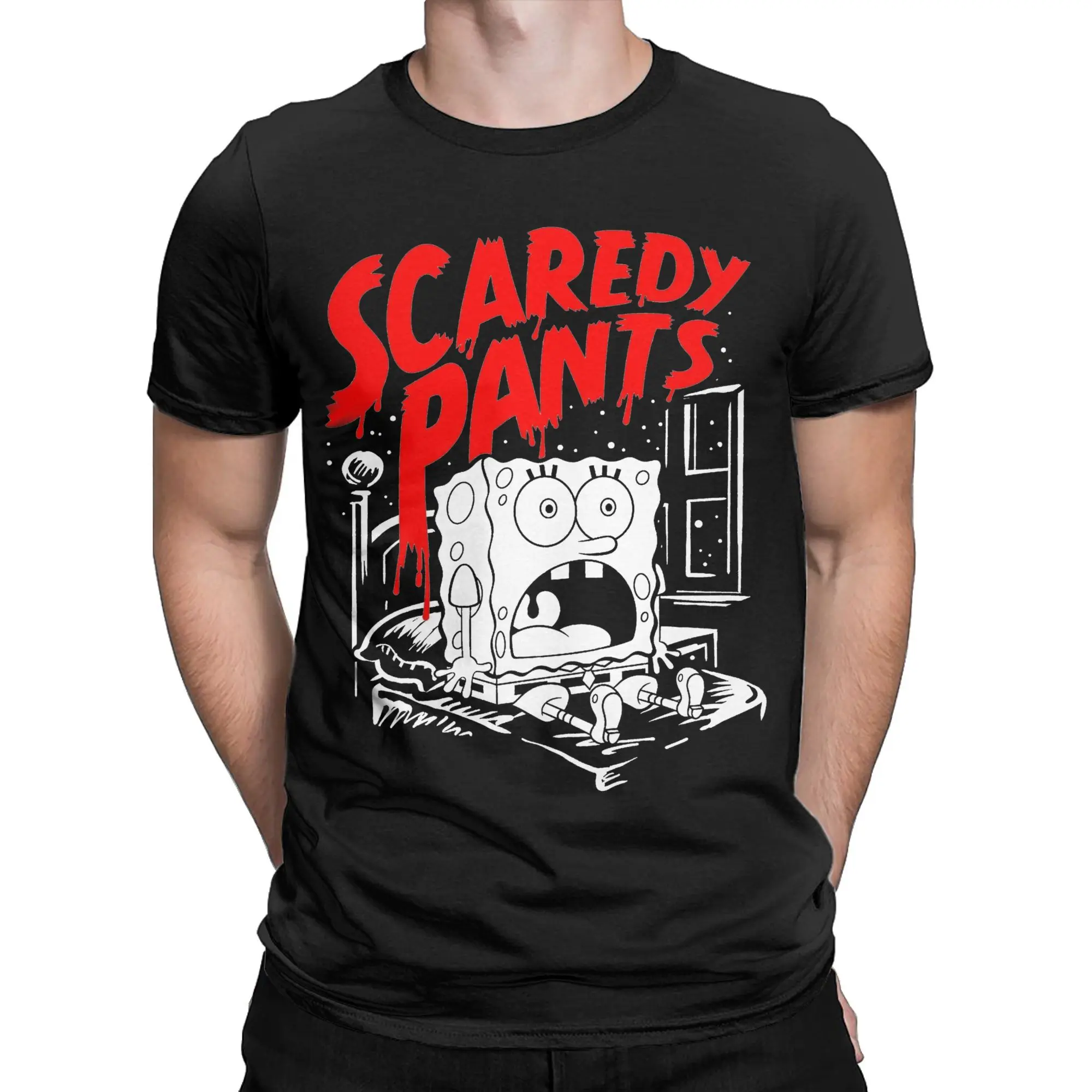 Spongebobed T Shirts for Men Women Cotton T-Shirts Halloween Scaredy Pants Horrified Tee Shirt Short Sleeve Clothing Unique