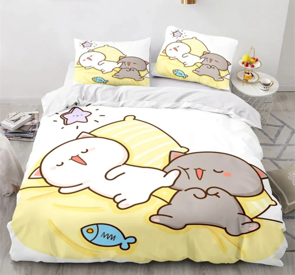 Peach Cat Bedding Quilt Cover Set 3Pcs Bedding Set Goma Cute Cats Duvet Cover Infantil Bedclothes Single Double Queen King Size