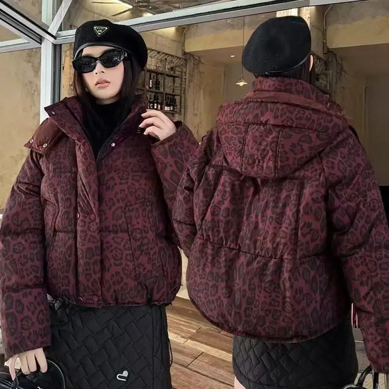 Retro Leopard Print Winter Coat Women Detachable Hood Stand Collar Oversized Loose Cropped Puffer Streetwear Jacket Outerwear