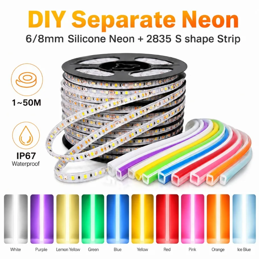 DC12V DIY Separate Neon Light 1‑50M SMD2835 S‑Shape LED Strip IP67 Waterproof 6/8mm Silicone Neon Tube for Scene Decoration