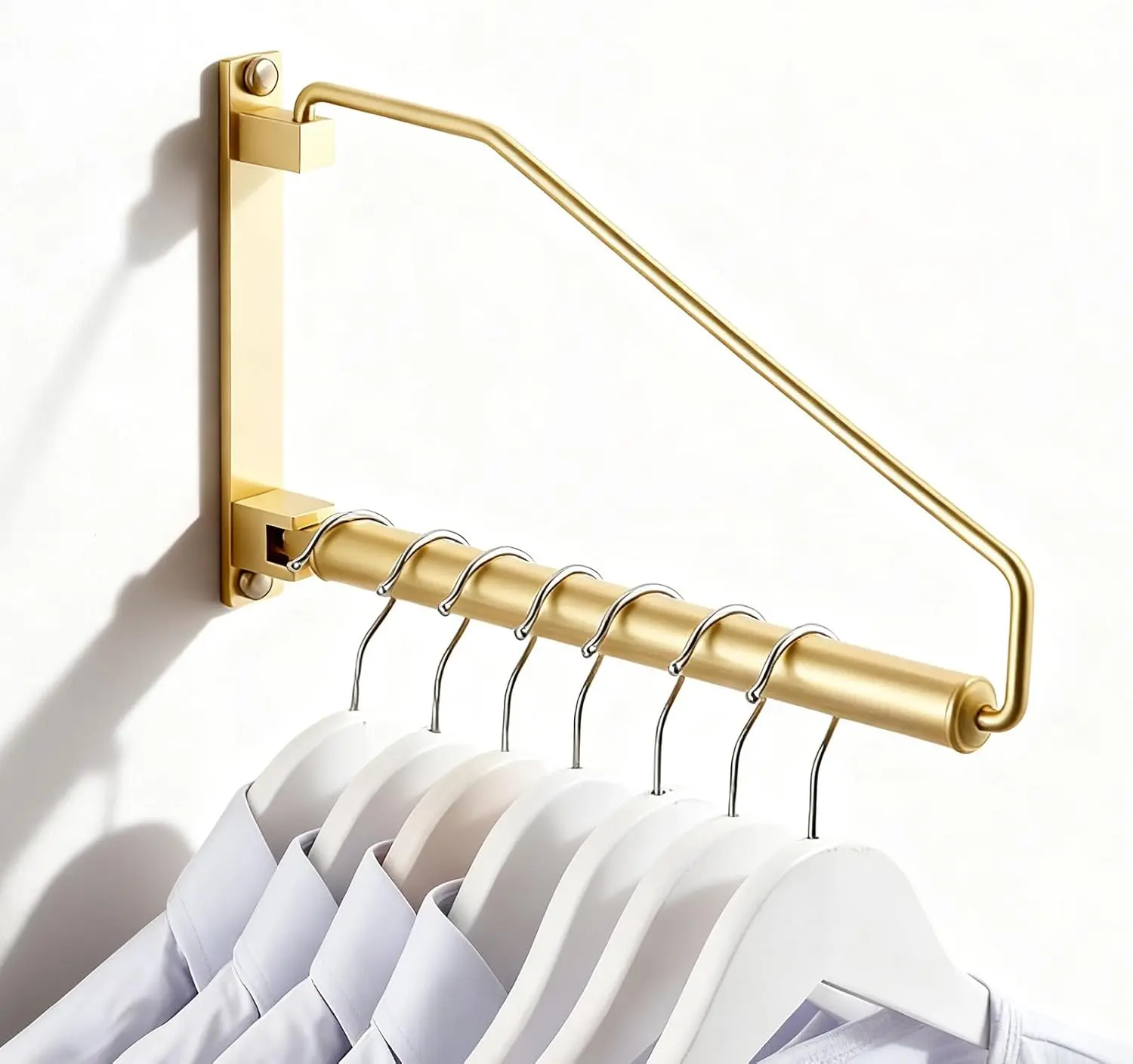 

Wall Mounted Folding Clothes Hanger Rack with Swing Arm, Brushed Gold Closet Organizer, Heavy Duty Drying Storage Solution