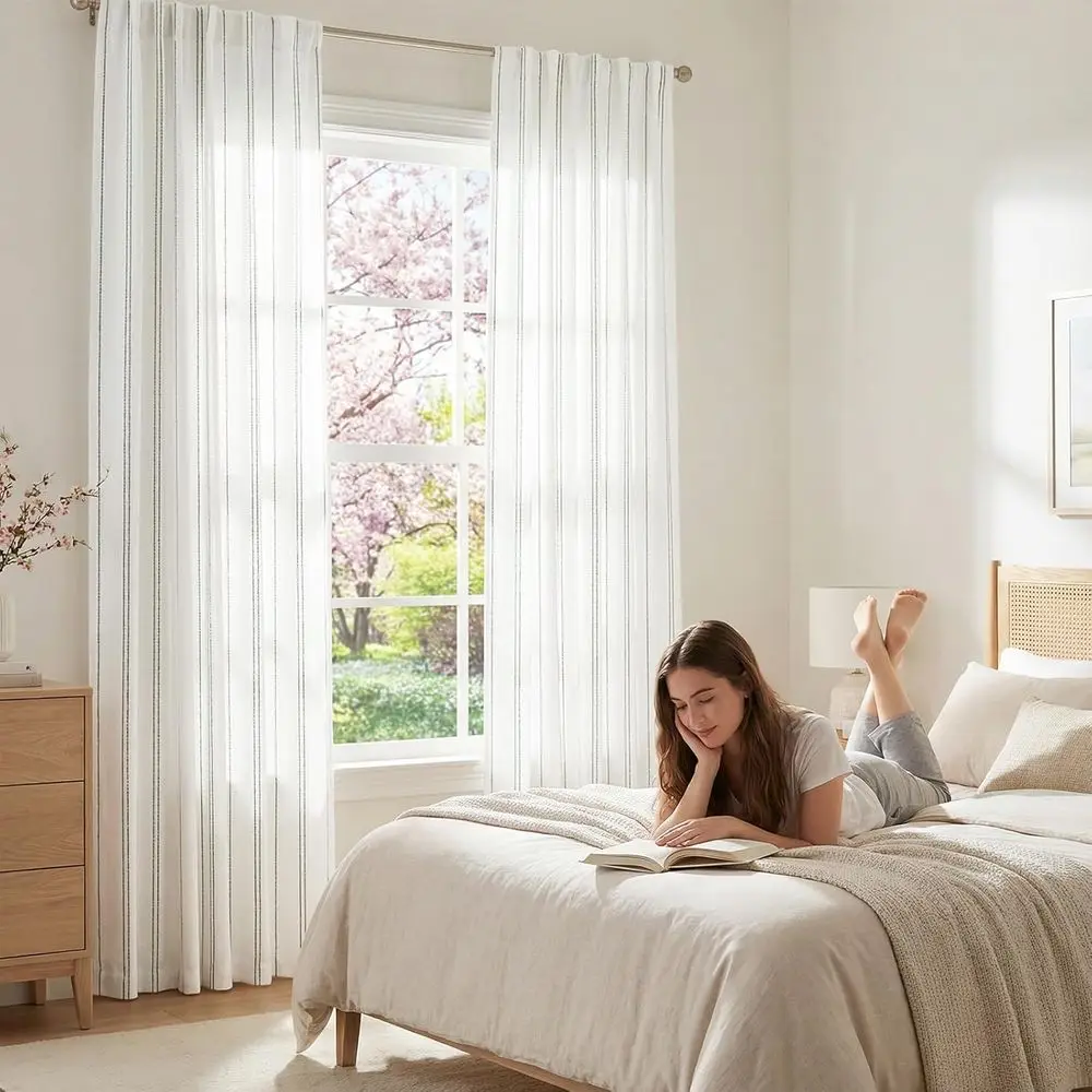 ستائر مخططة باللون الأخضر على طراز الكتان الحديث، 96 طولًا، لغرفة المعيشة وغرفة النوم، ترشيح الخصوصية والضوء، علامة تبويب خلفية، لوحتين Se