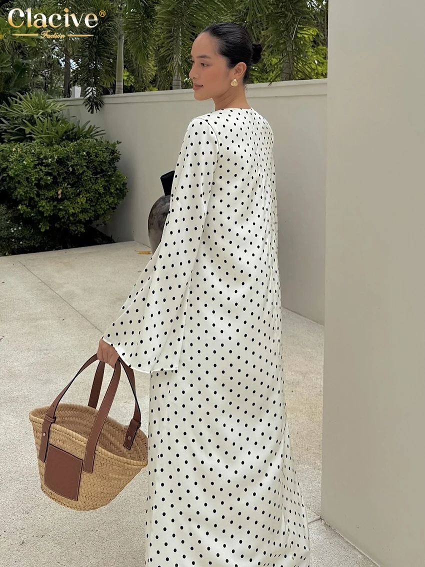 Clacive Fashion Loose Print Women's Dress 2025 Sexy V-Neck Long Sleeve Maxi Dresses Elegant Classic Bow Dress Female Clothing