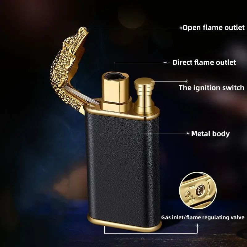 Metal Outdoor Windproof Butane Gas Lighter Dual Fire Conversion Blue Flame Metal Crocodile Unusual Lighter Creative Gift for Men