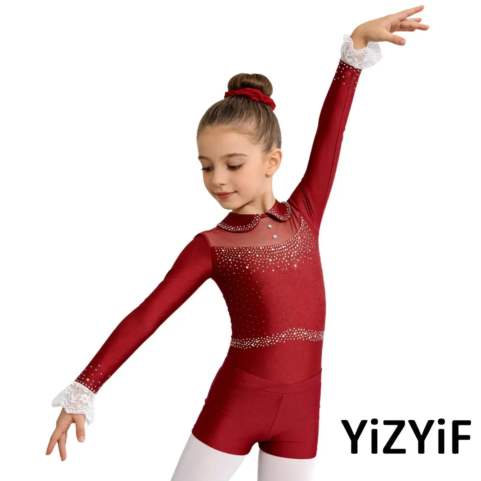 

Girls Lyrical Dance Outfit Set Kids Long Sleeve Rhinestone Ballet Jazz Dance Gymnastics Leotard with Shorts And Hairband Set