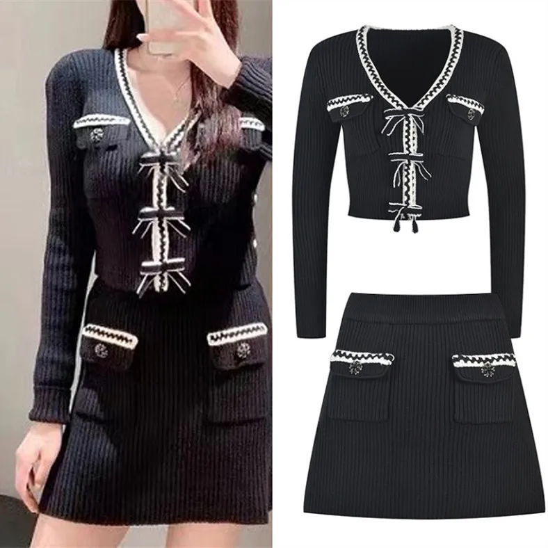 

Высококачественный парижский вязаный кардиган Sweet Faion ort с узлом, женский топ и юбка, весна 2023.