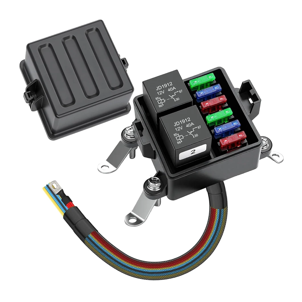 

Релейный блок на 6 каналов 12В/24В с предустановленными предохранителями, водонепроницаемый IP65, 2 реле JD1912 40А и 6 лезвийных предохранителей ATC/ATO для автомобилей, грузовиков, морского транспорта, лодок