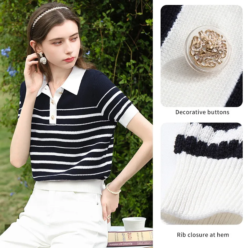 I BELIEVE YOU Short Sleeve Polo Shirt 2026 Summer New Breathable Contrast Striped Knitted Shirt Loose Women's Top 2262146264