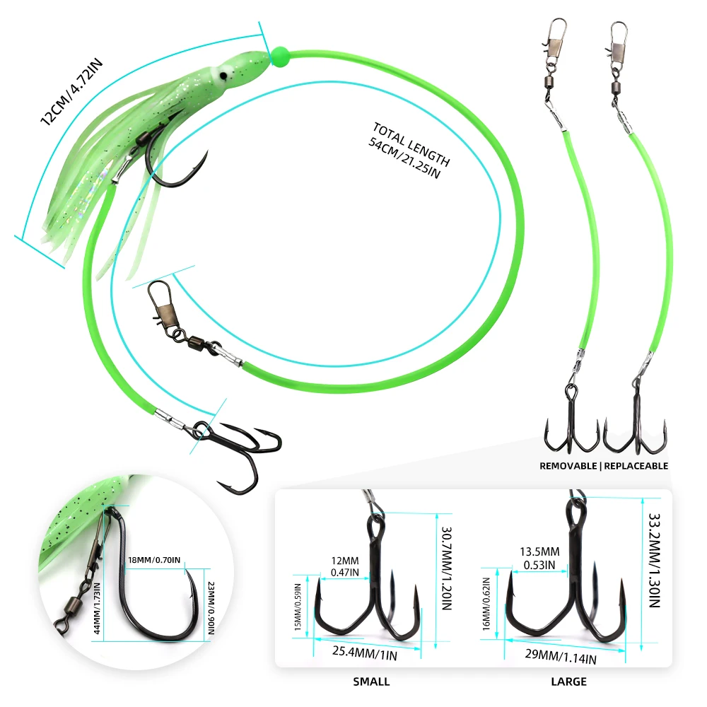 ZYZHE 1 Stück Stinger Rigs Salzwasser-Lebendköder-Rigs mit Stahlschnur-Dreifachhaken Leuchtende Oktopus-Köder Ideal für Dorsch und Barsch – Detail 2
