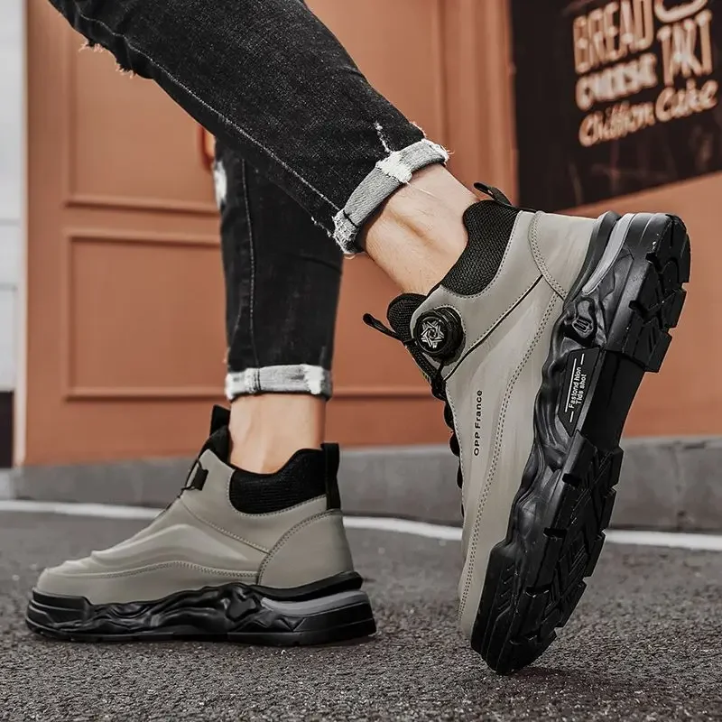 Men's Autumn Winter New Arrival Rotating Buckle High Top British Style Height Increasing Waterproof Anti Slip Lace Up Work Boots