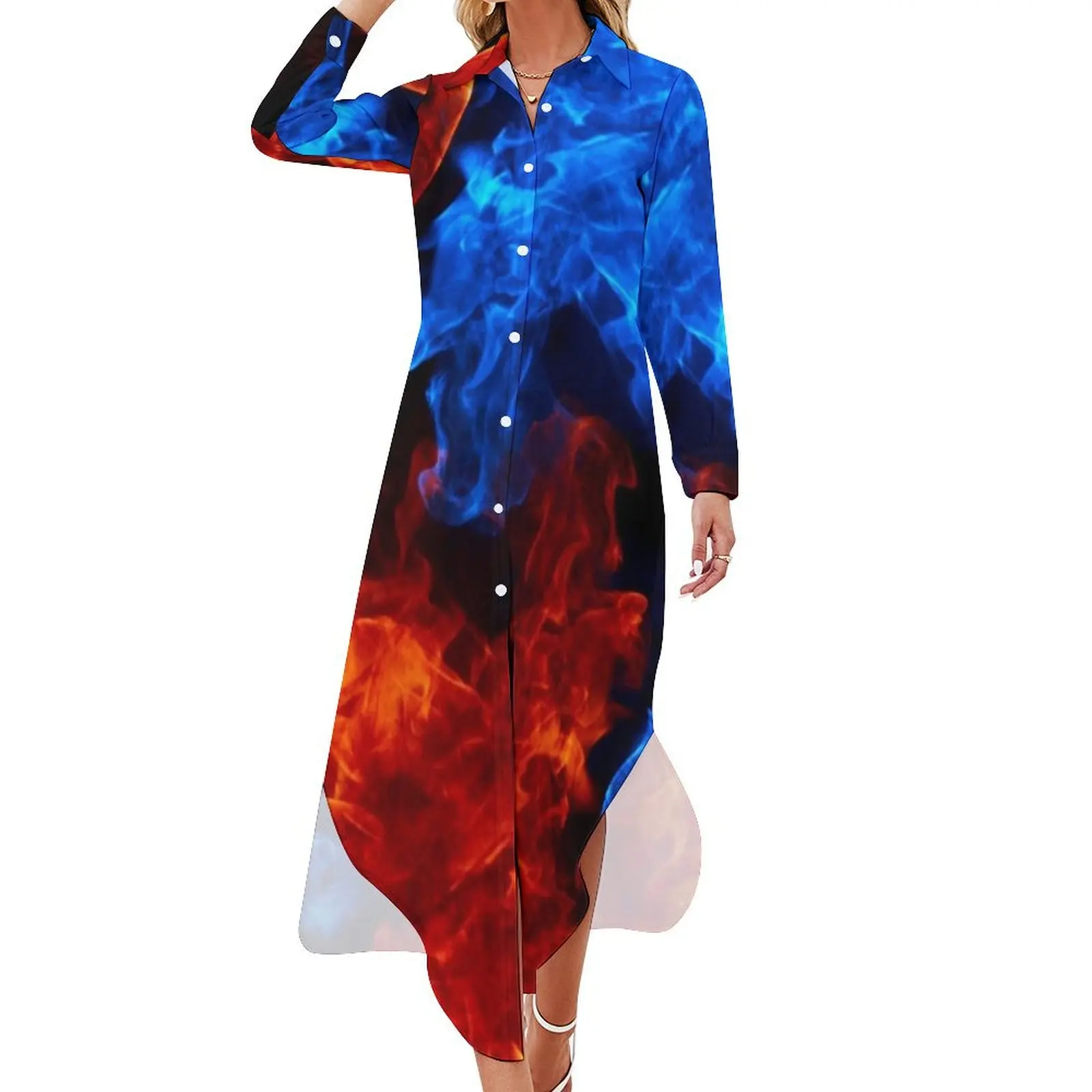 

Red and blue fire pattern Long Sleeved Shirt Dress women's summer dress 2024 wedding dresses for woman