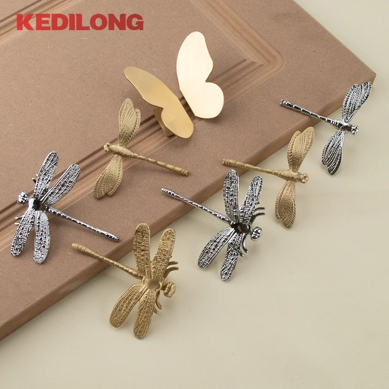 KEDLO Modern Personalized Creative Gold Drawer Brass Dragonfly Knob French Light Luxury Silver Kitchen Cabinet Butterfly Handle