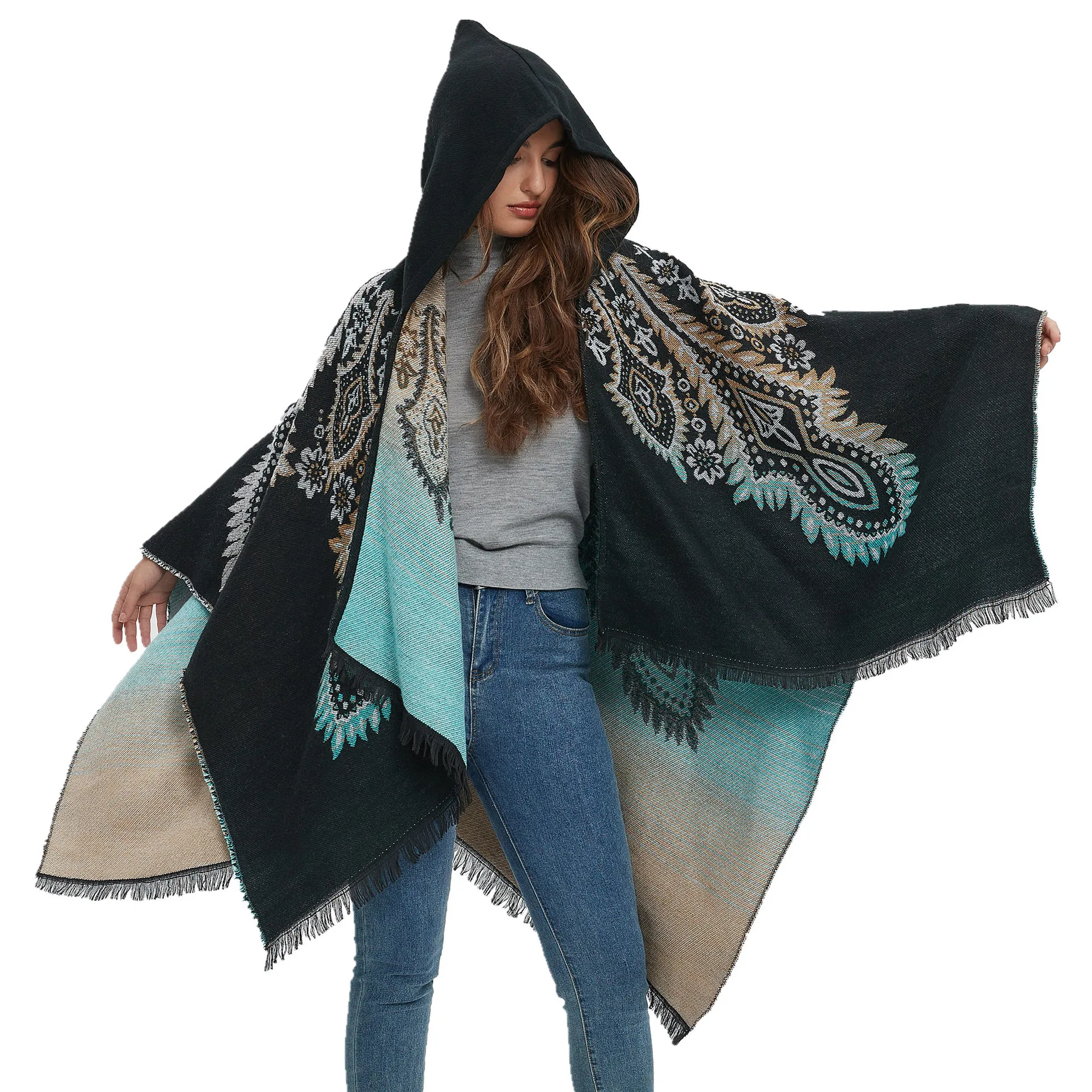 Poncho Cloak Travel Warm Split Cape New Ethnic Style Hooded Cape with Wind Flowing Su Imitation Cashmere Shawl