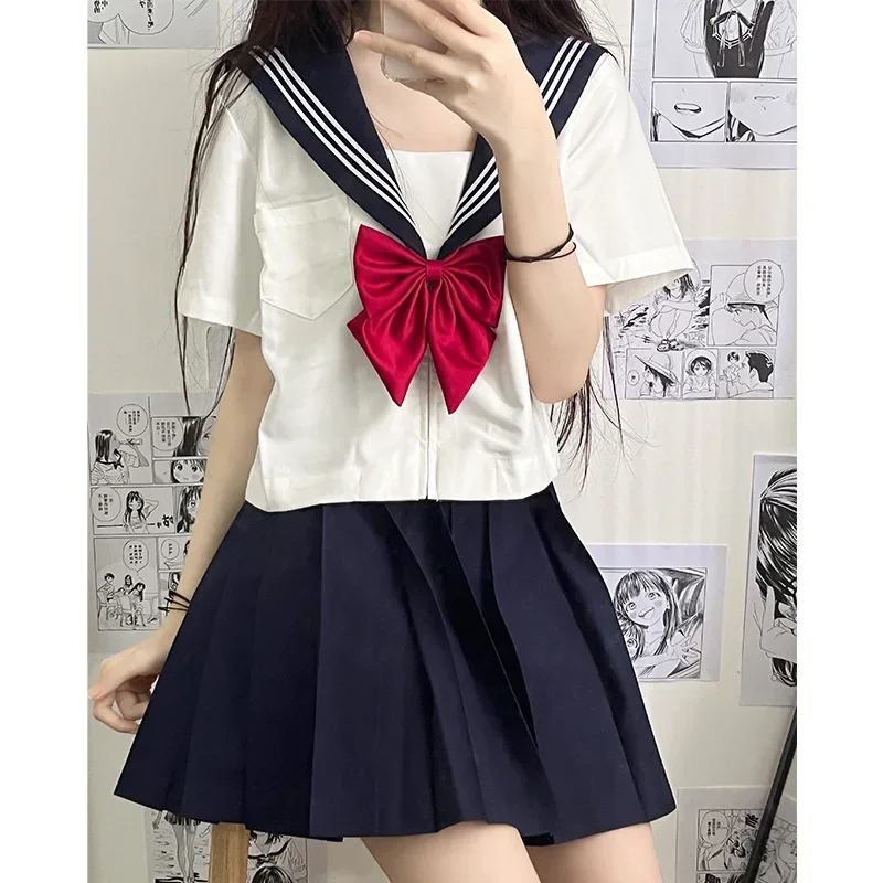 New Japanese School Uniform Girl Jk Suit Sexy Spring and Autumn Red Tie White Three Basic Sailor Uniform Women Long Sleeve Suit