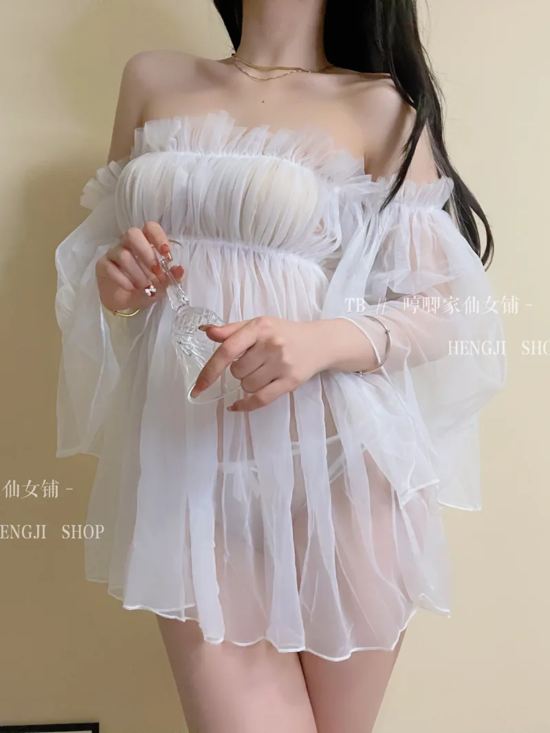 Summer Thin Fairycore Pure White Bra Gauze Skirt Perspective Mesh Sweet Sexy Romantic Flirting Mini Puffy Skirt Women's YP3C