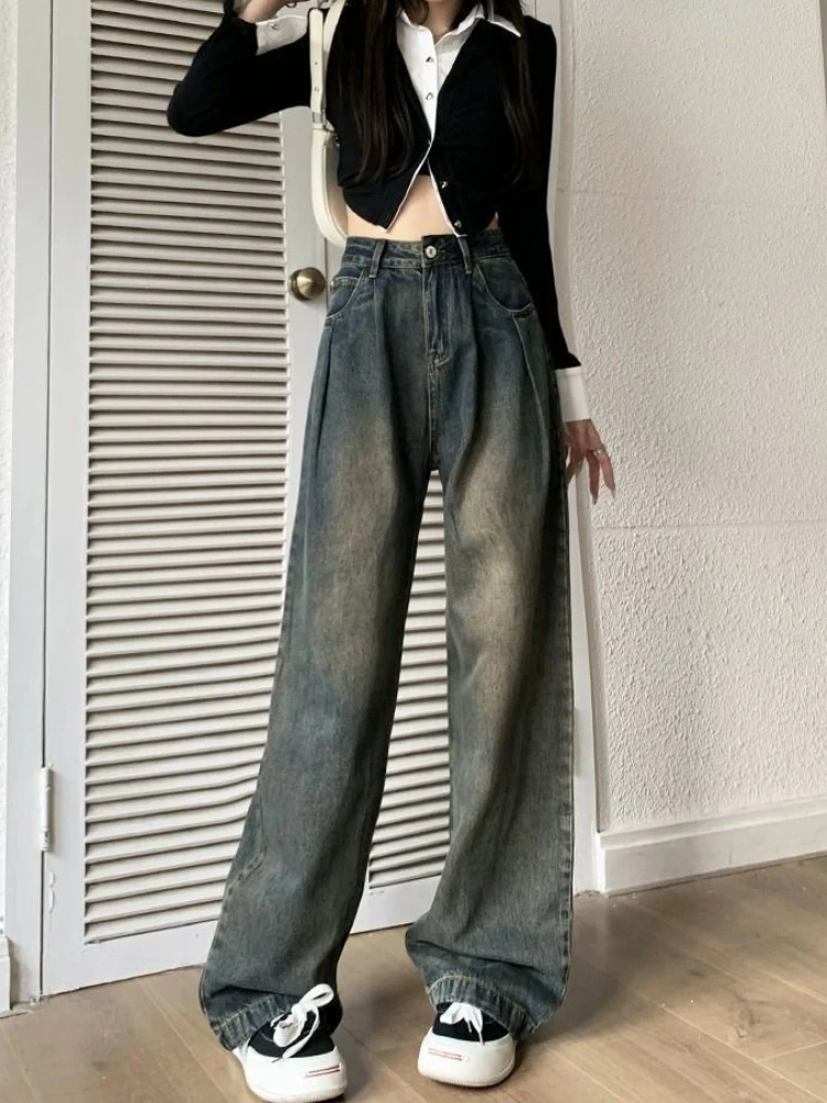 Streetwear Vintage Jeans Women Spring Fall Trendy Full Length Casual Retro Femme Denim High Waist Minimalist Straight Bottoms