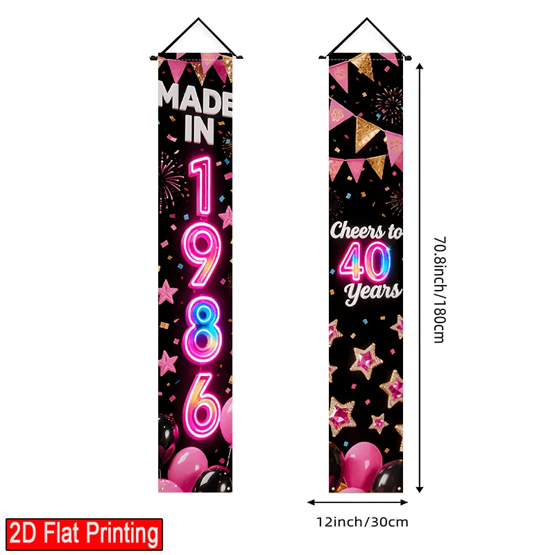 2-teiliges Set – Happy 40th Birthday Party Gateway Banner – rosa und schwarze Streifen – 1986 – 2026 – zum Feiern des 40. Geburtstags – Detail 1