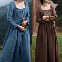 Abito donna medievale vittoriano retrò Jane Austen maniche lunghe vita alta abbigliamento francese abito lungo temperamento blu marrone