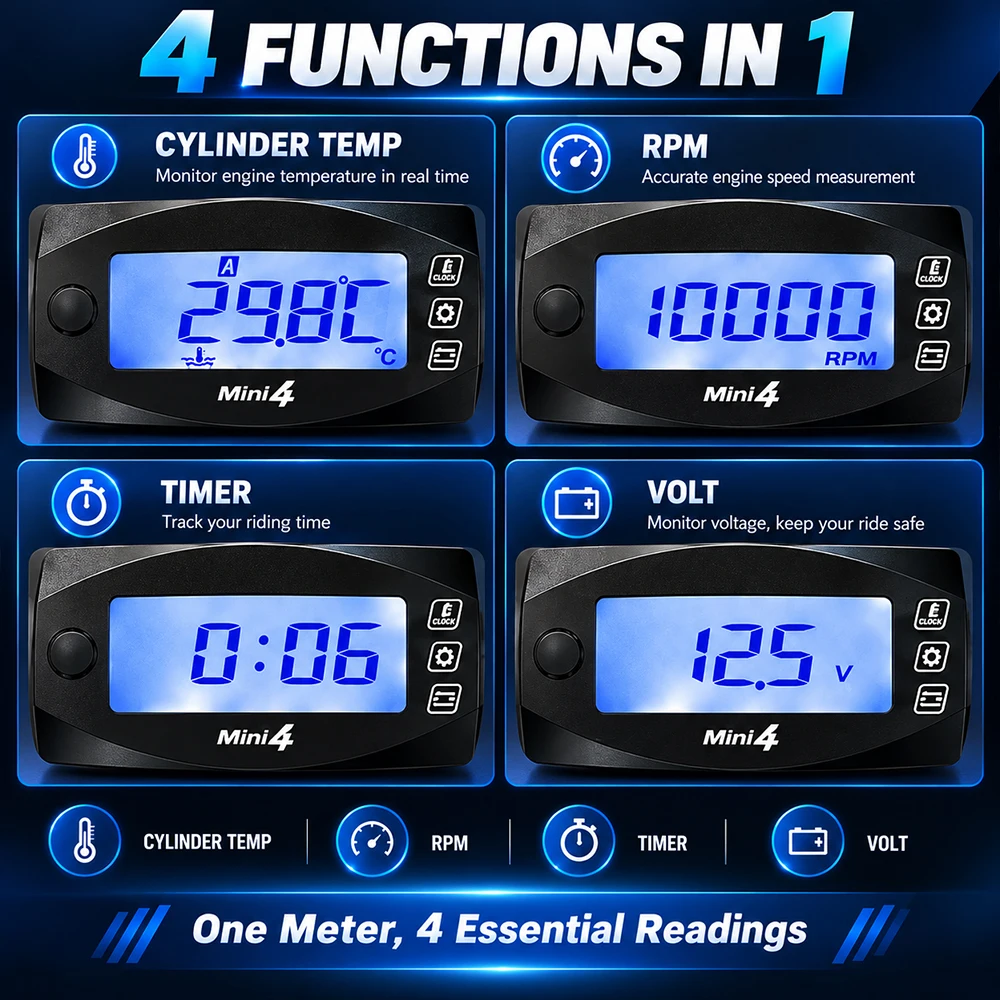 Motorrad 4-in-1 Digitalanzeige Zylindertemperaturmesser Drehzahlmesser Voltmeter Zeitanzeige Mini-LED-Monitor – Detail 2