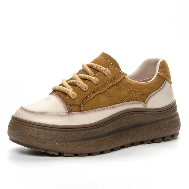 

High quality Fashion Mixed Colors Cow Leather Casual Sneakers Women Thick Bottom Shoes Retro style Lace-Up Comfort Single Shoes
