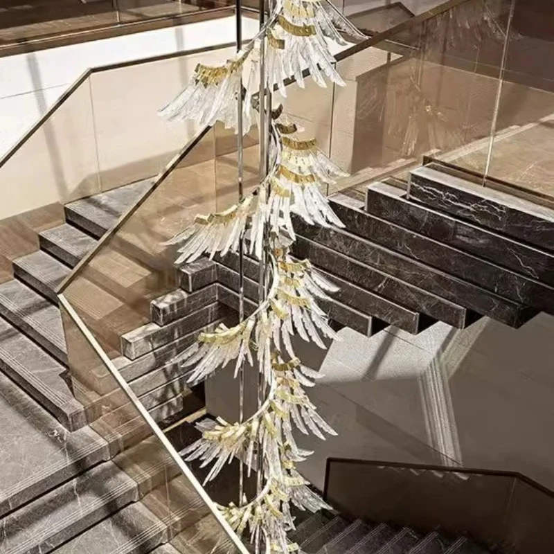 

Nordic Glass Luxury Revolving Staircase Feathers designer Chandelier lustre LED Ceiling Suitable for Living room