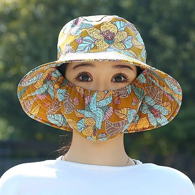 1Pc Women Summer Floral Fisher Hat With Matching Mask Rural Style Light Sun Hat Daily Outdoor Fashion Headwear