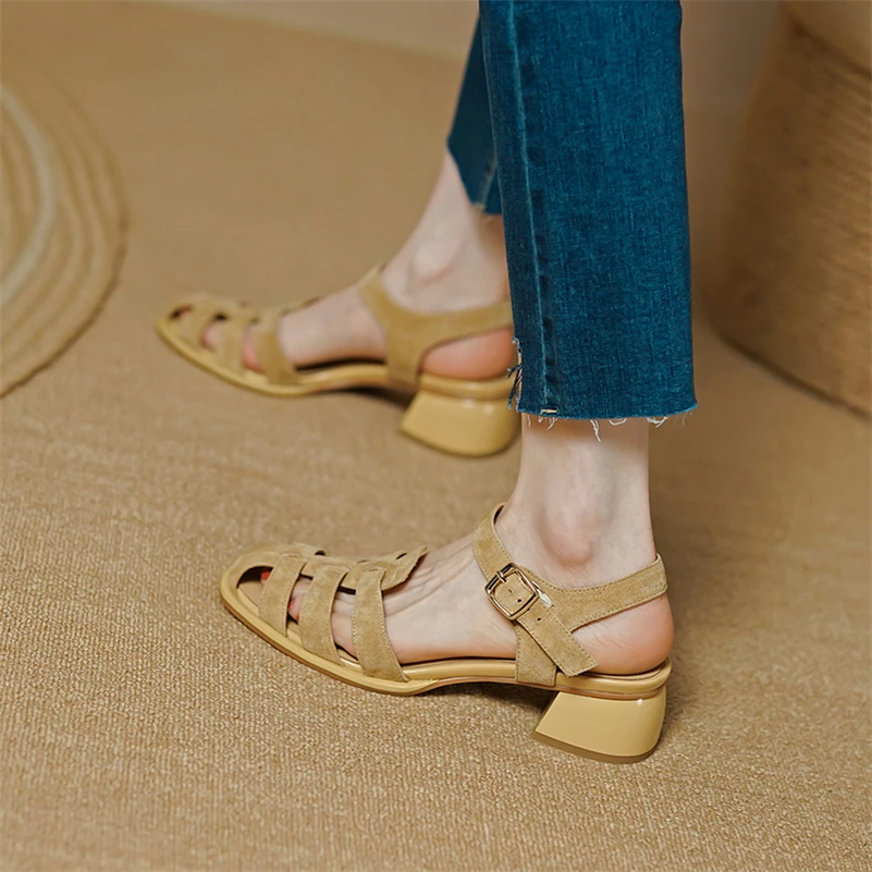 Meotina Shoes Women Genuine Leather Gladiator Sandals Thick Heel Sandals Mid Heels Buckle Kid Suede Ladies Footwear Summer Green