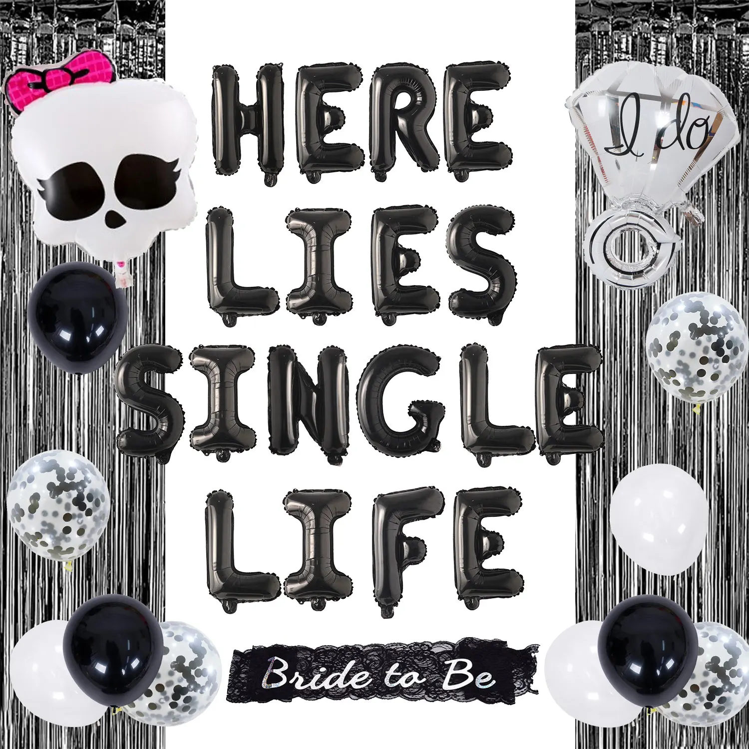 

Gothic Theme Bachelorette Party Decorations Black HERE LIES SINGLE LIFE Foil Balloons Bride To Be Sash for Bridal Shower Decor