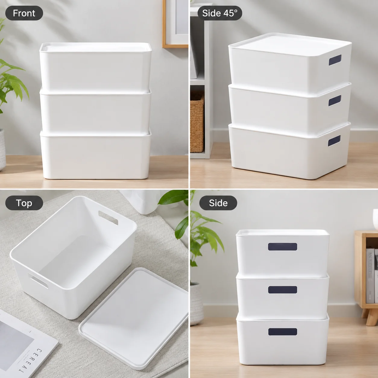 Stackable White Plastic Storage Bins with Removable Lids and Built-In Cutout Side Handles, Smooth Rounded Corner Dustproof Organizer Boxes for Bedroom Closets, Kitchen Cabinets and Bathroom Vanities - view 2