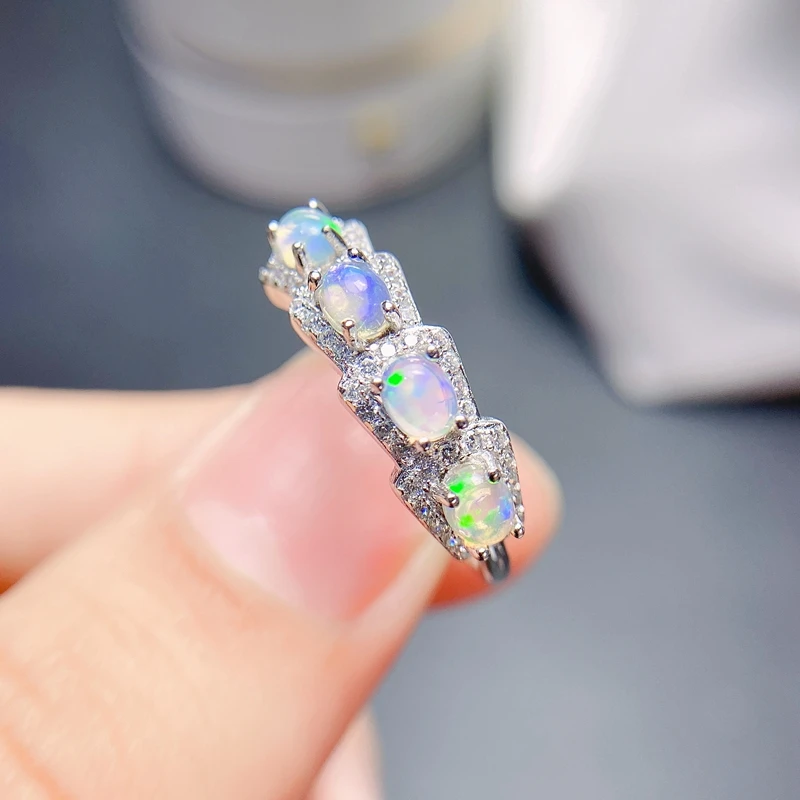 Cincin Opal Australia Alami, Sederhana dan Indah untuk Wanita, Warna Api Perak Murni 925 Kuat