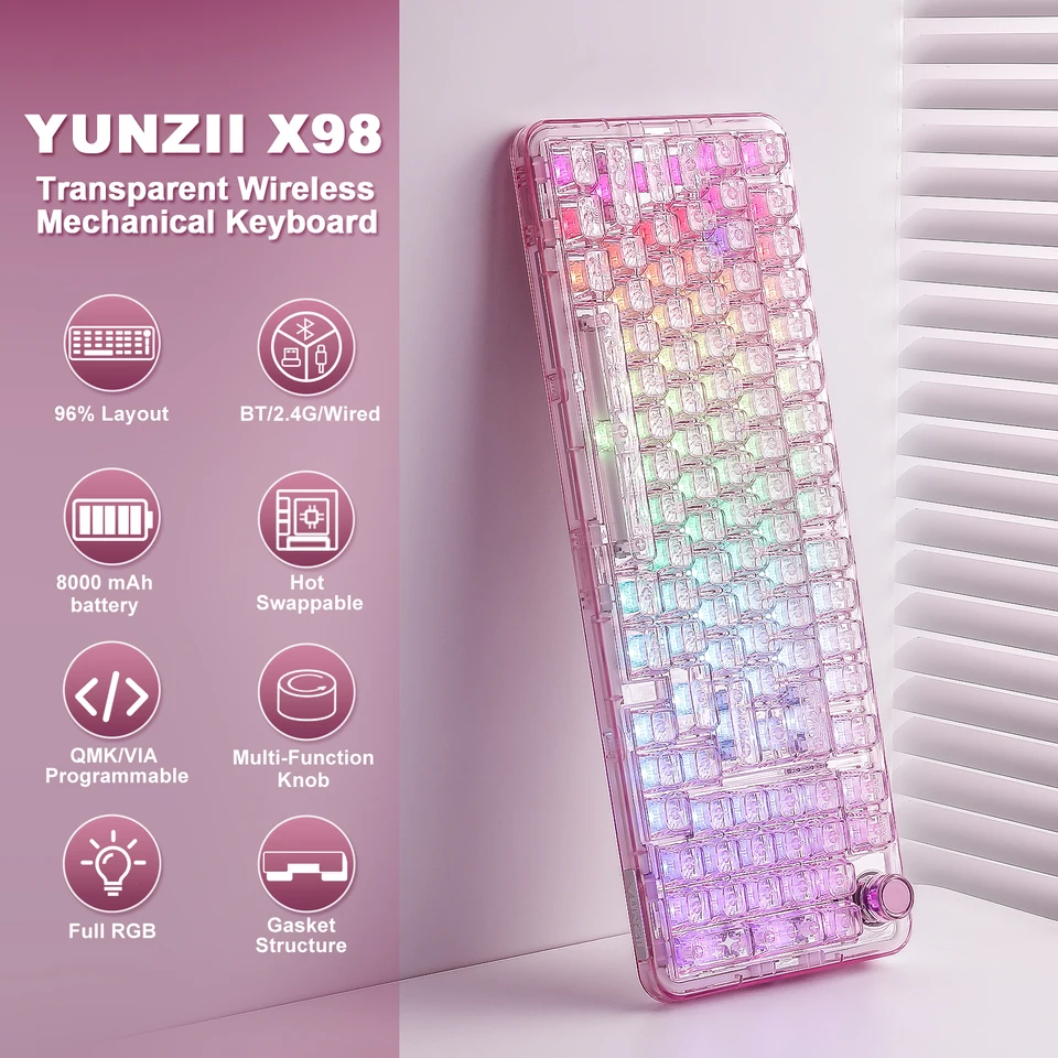 YUNZII X98 ピンク QMK/VIA ワイヤレス透明 RGB キーボード、ホット