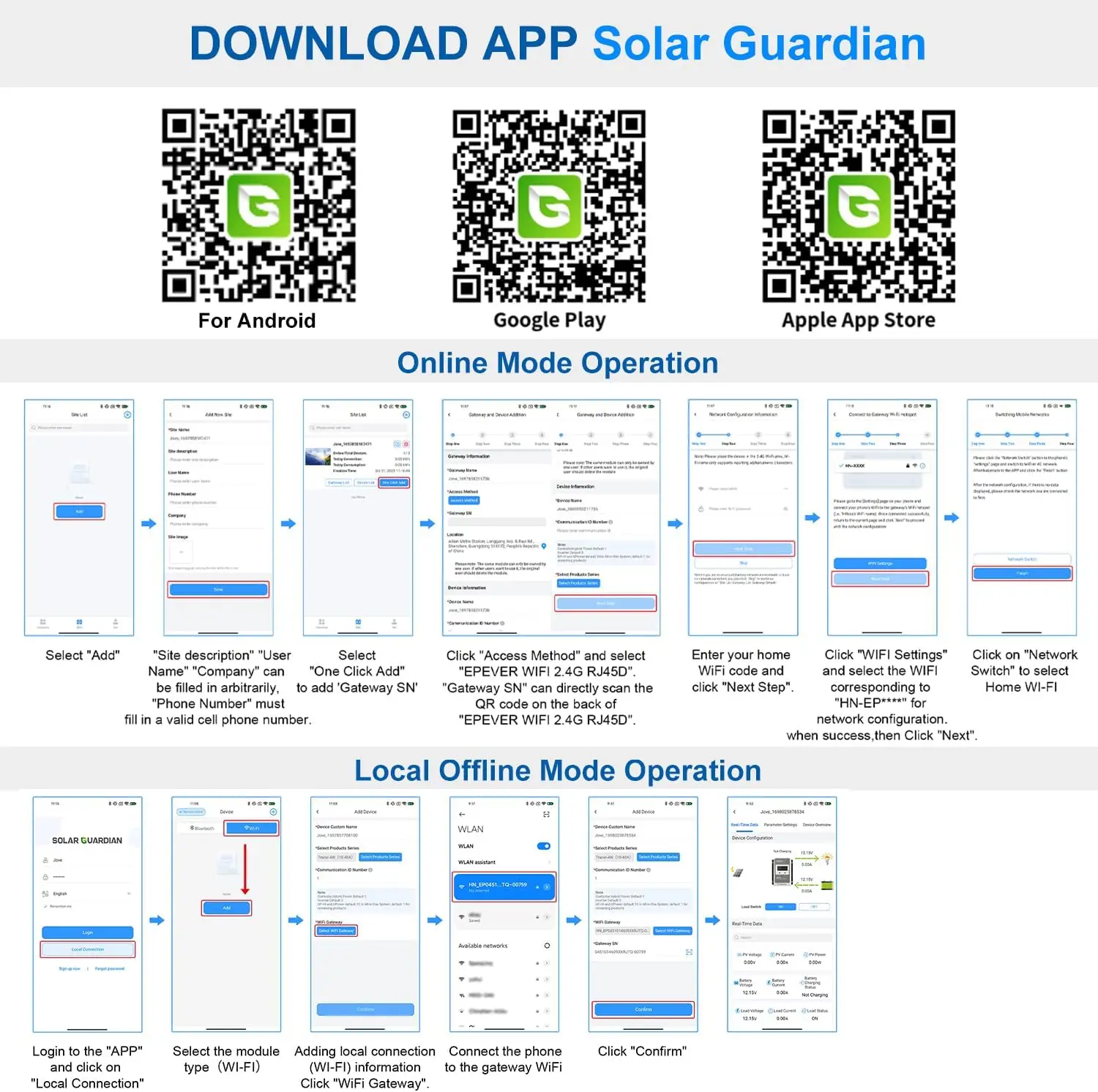 EPever-Módulo WiFi para Controlador Solar, Série Acessórios, WiFi, 2.4G, RJ45, D EPEVER