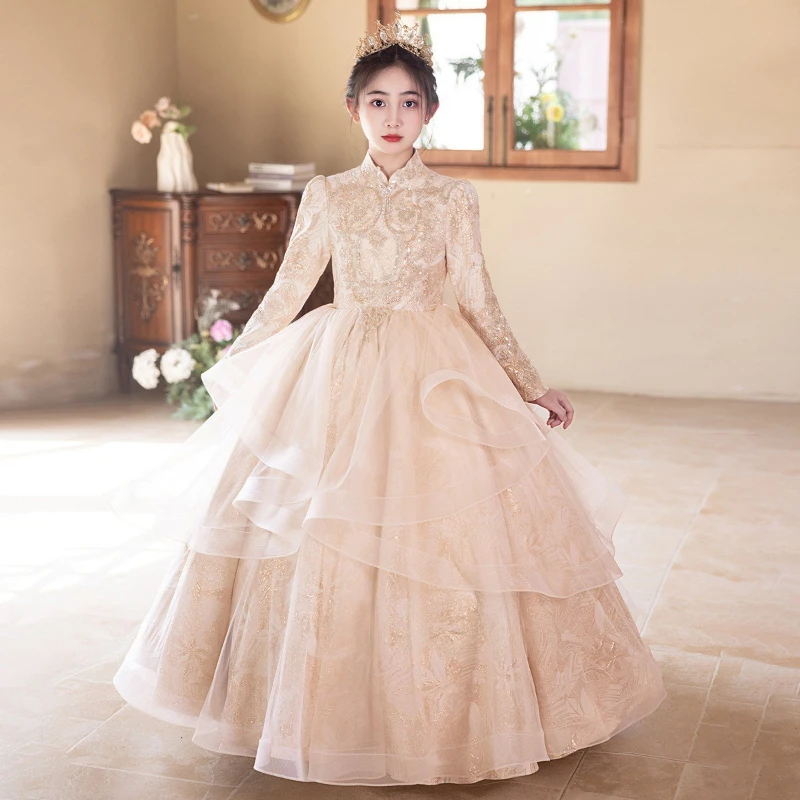 

2026 Girls Host Princess White Dress Kids Piano Performance Gown Formal Party Celebration Evening Children Birthday Celebration