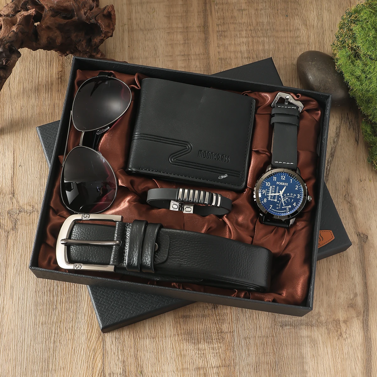 جديد رقمي كبير الطلب حزام الساعة النظارات الشمسية محفظة سوار من الجلد 5 قطع هدية مربع #1