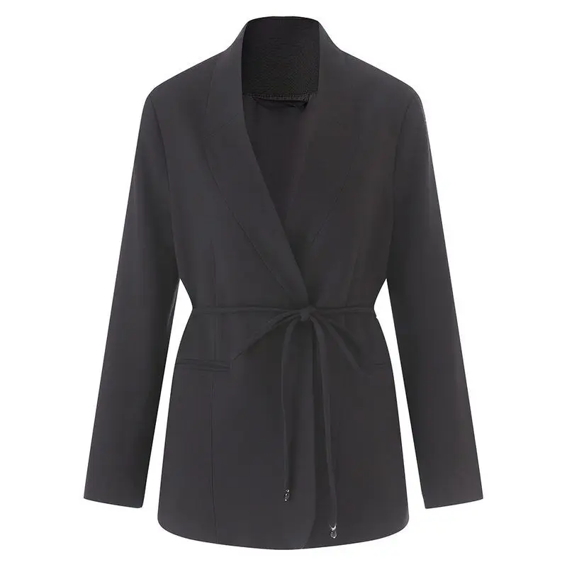 High Quali Faionable Women's Suit Jaet Belted Waist Tie Design Commute Sle Premium Material Long Sve Single Button