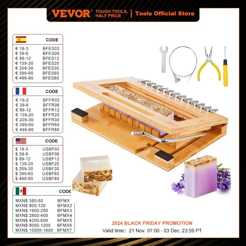 VEVOR Soap Cutter Cut 1-12 Bars Precisely and Accurately Cut 1 Inch Bars Bamboo Soap Slicer With Steel Wire Multi Handmade Soap